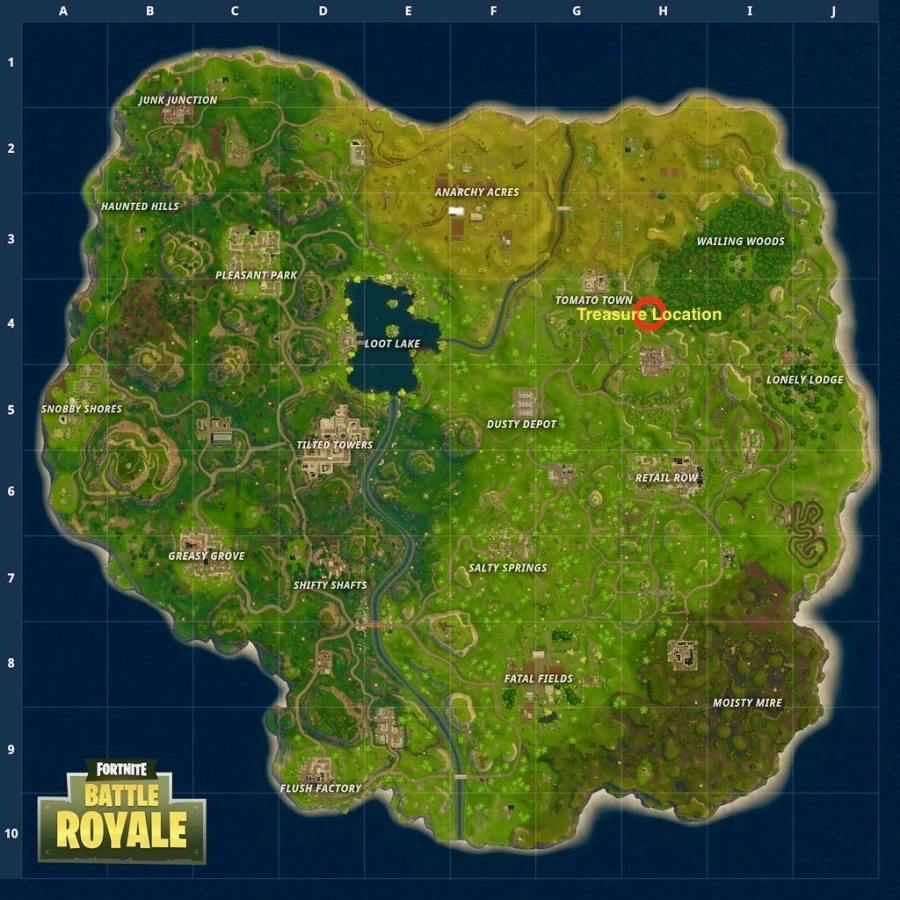 Fortnite Where to Search Between a Stone Circle, Wooden Bridge, and a Red RV Treasure Location 2