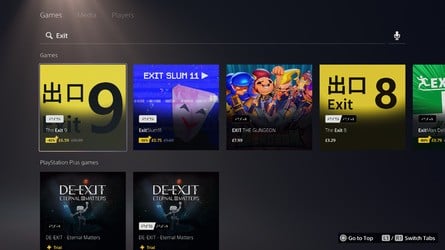 As you can see, searching the PS Store for 'Exit 8' brings up both games, with The Exit 9 somehow in front. But just searching for 'Exit' places the copycat several spots ahead of the real deal.