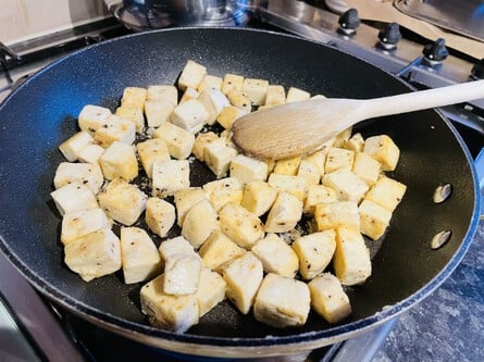 There wasn't a huge amount of prep involved for this one, so not many pictures. Essentially I just fried the tofu, then added the spice mix until the liquid evaporated. Pretty easy!