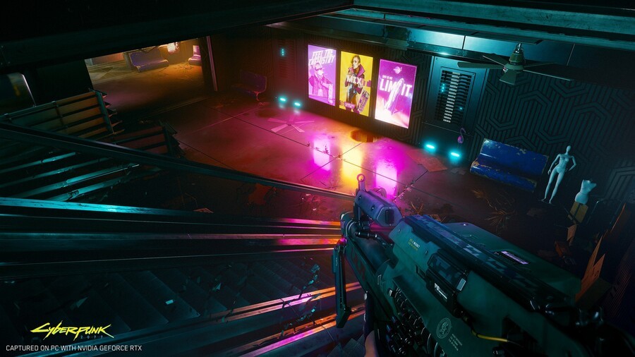 A Cyberpunk 2077 PC screenshot that shows ray tracing. Notice the way that the lights and neon signs have a "volume" to them, and the way they're reflected on the shiny floor. It's all about those details!