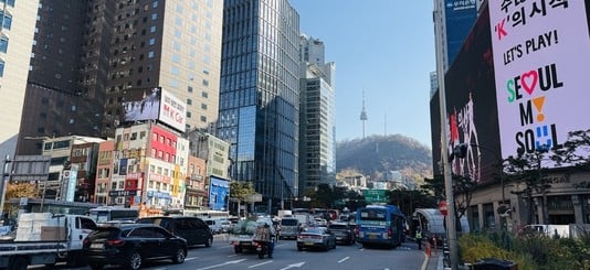 A wide angle view of skyscrapers in Seoul, Korea