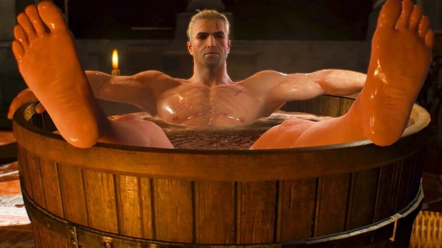 The opening scene of The Witcher 3: Wild Hunt is a little steamy. What is Yennefer doing while Geralt is in the bathtub?