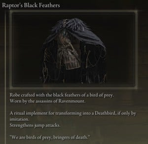 Elden Ring: 전체 부분 방어구 세트 - Ravenmount Assassin 세트 - Raptor's Black Feathers