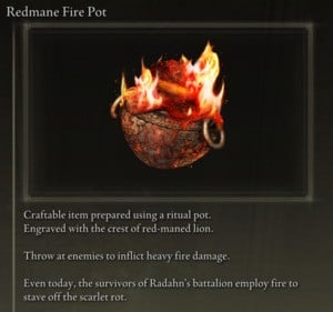 Elden Ring: All Crafting Recipes - Throwing Pots - Redmane Fire Pot