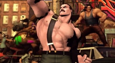 Clockwise from top-right: Vega, Gouken, Mike Haggar, and Tifa