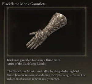 Elden Ring: 모든 풀 아머 세트 - Blackflame 세트 - Blackflame Monk Gauntlets