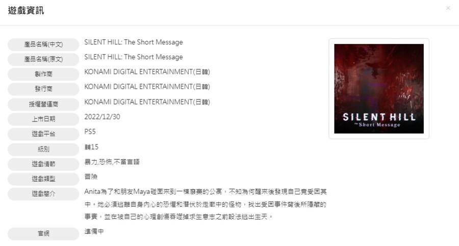 Silent Hill The Short Message PS5 PlayStation 5 Taiwan Rating 2