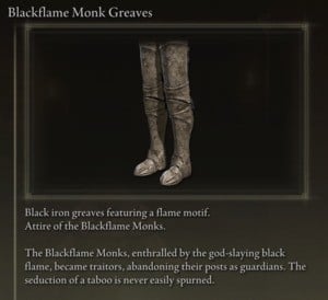 Elden Ring: 모든 풀 아머 세트 - Blackflame 세트 - Blackflame Monk Greaves