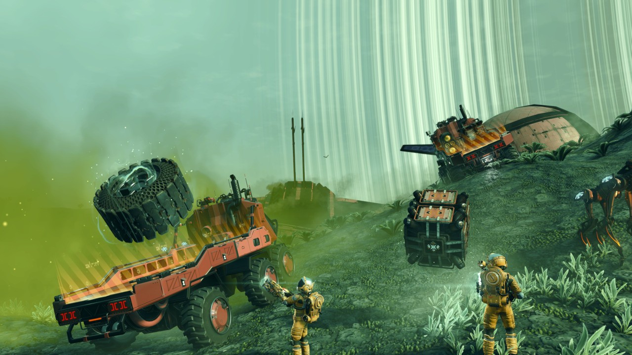 No Man's Sky Gravitino Coil gravity gun picking up toxic waste barrels and Sentinels