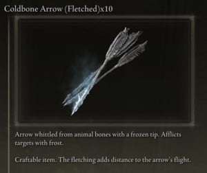 Elden Ring: All Crafting Recipes - Arrows/Bolts - Coldbone Arrow (Fletched) x10