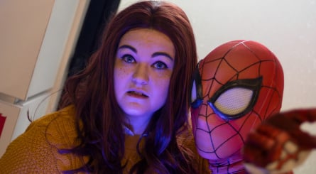 Ohnoitsjadecosplay and redhead_cosplays as MJ and Spider-Man, photo by Aperturephotography