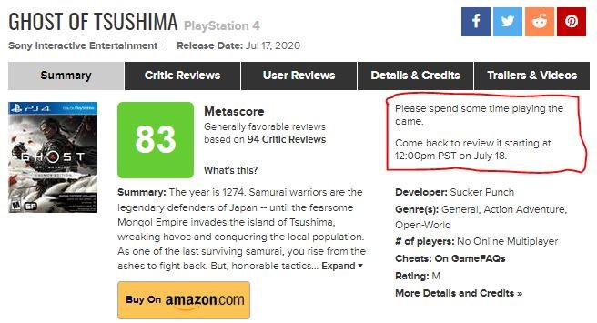 After The Last of Us 2's Review Bombing Scandal, Metacritic Paused Ghost of Tsushima Verdicts