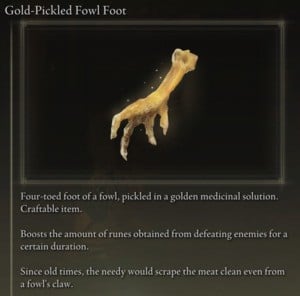 Elden Ring: All Crafting Recipes - Consumables - Gold-Pickled Fowl Foot