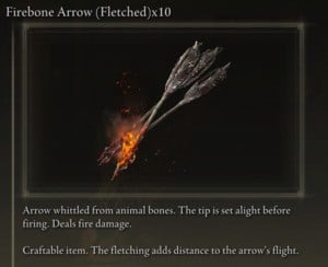 Elden Ring: All Crafting Recipes - Arrows/Bolts - Firebone Arrow (Fletched) x10