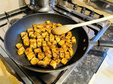 There wasn't a huge amount of prep involved for this one, so not many pictures. Essentially I just fried the tofu, then added the spice mix until the liquid evaporated. Pretty easy!