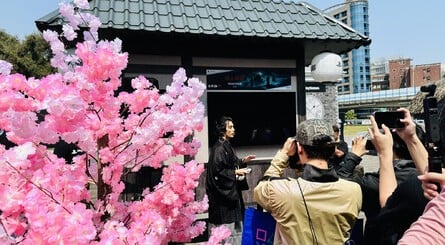 A huge audience of local media gathered to see the unveiling of Justin's specially commissioned ukiyo-e mural, which was created with authentic paints and inks.